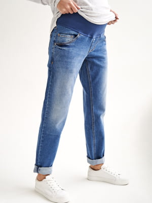 Сині джинси для вагітних фасону boyfriend з широкою трикотажною резинкою на живіт | 6865714