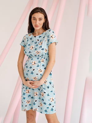 Блакитна принтована сукня під резинку для вагітних  та годуючих мам з секретом для годування | 6865804