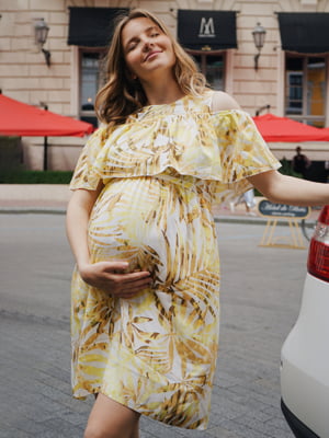 Бавовняна жовта сукня вільного крою для вагітних з принтом | 6865806