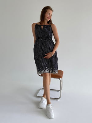 Чорна сукня в горошок на бретелях  з прошвою по низу для вагітних та годуючих мам | 6865828