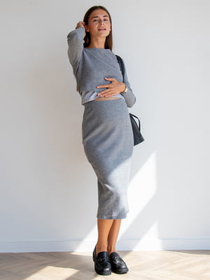 Сірий костюм для вагітних і годуючих мам.: топ з довгим рукавом, спідниця міді  | 6865978