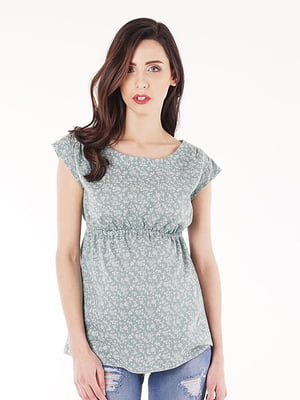 Зелена блузка в квітковий принт з резинкою під грудьми для вагітних | 6866029