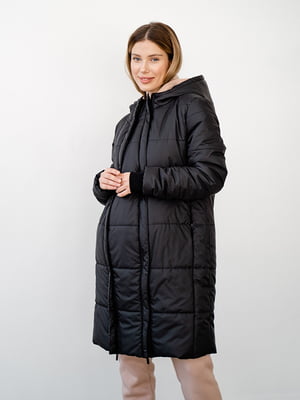 Довга чорна курточка з капюшоном та знімною вставкою для вагітних | 6866035