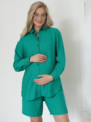 Зелений костюм з бавовни жатки для вагітних: сорочка, шорти | 6866061