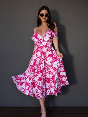 Малинова квіткова сукня-халат з воланами | 6871691