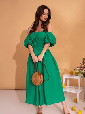 Зелена лляна сукня з рукавами-буфами | 6871706
