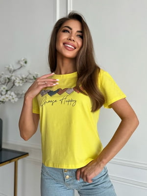 Жовта бавовняна футболка з принтом та написом | 6871797