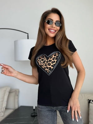 Чорна бавовняна футболка з леопардовим принтом | 6871831