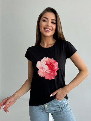 Чорна бавовняна футболка з квітковим малюнком | 6871853