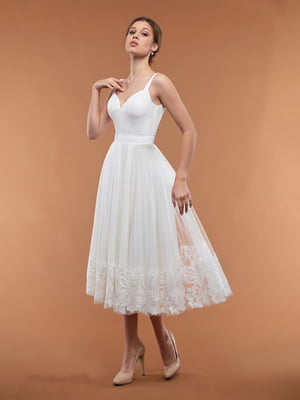 Молочна сукня міді з фатиновою спідницею та вишивкою | 6873944