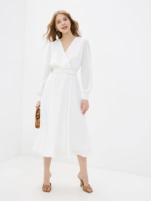 Біла шовкова сукня-міді з довгими рукавами | 6873948