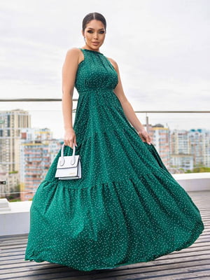 Зеленое длинное платье с карманами | 6873961