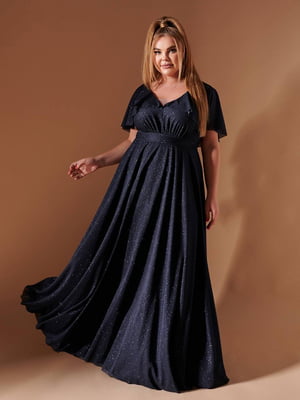 Блестящее платье в пол синего цвета с коротким рукавом | 6873963