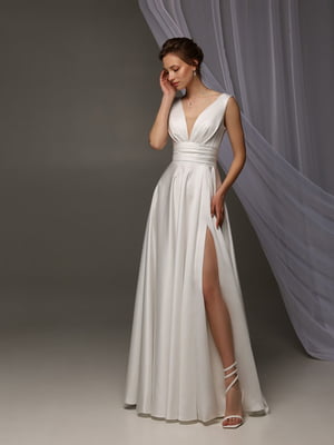 Весільна біла довга атласна сукня в підлогу | 6873968