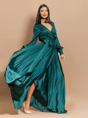 Длинное зеленое нарядное платье с длинным рукавом | 6874001