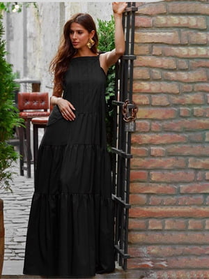 Чорна довга сукня з кишенями | 6874010