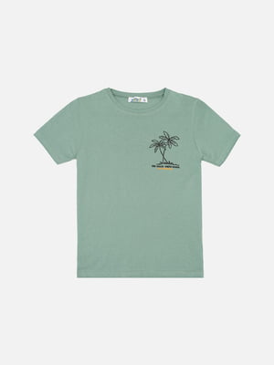 Бавовняна футболка оливкового кольору з принтом і коротким рукавом | 6872406