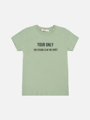 Бавовняна футболка оливкового кольору з принтом і коротким рукавом | 6872410