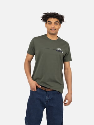 Бавовняна футболка кольору хакі з принтом і коротким рукавом | 6872565
