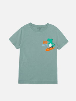 Бавовняна футболка оливкового кольору з принтом і коротким рукавом | 6873097