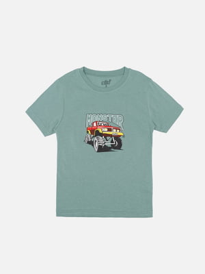 Бавовняна футболка оливкового кольору з принтом і коротким рукавом | 6873102