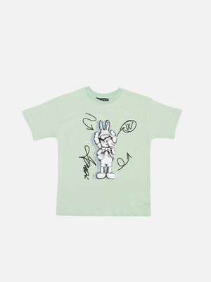 Бавовняна футболка оливкового кольору з принтом і коротким рукавом | 6873135