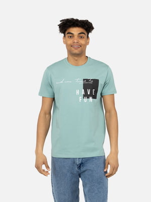 Бавовняна футболка м’ятного кольору з принтом і коротким рукавом | 6873233