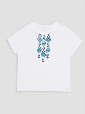 Біла вишиванка з коротким рукавом з блакитним орнаментом | 6873504