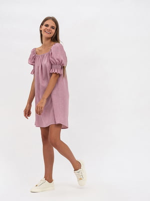 Коротка сукня А-силуету з льону в біло-рожеву смужку | 6116549
