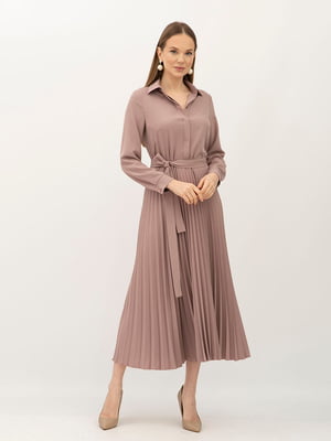 Сукня коричневого кольору зі спідницею гофре довжини міді | 6882599