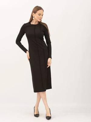 Чорна трикотажна сукня довжини міді напівприталеного силуету | 6882600