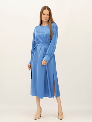 Блакитна сукня-міді з сатину з боковими розрізами | 6882603