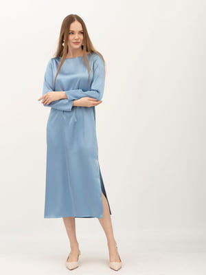 Сукня синя вільного силуету довжини міді з довгим рукавом з сатину | 6882607