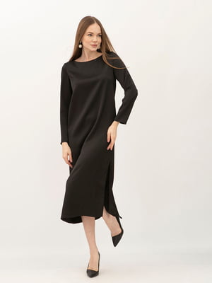 Сукня чорна вільного силуету довжини міді з довгим рукавом з сатину | 6882608
