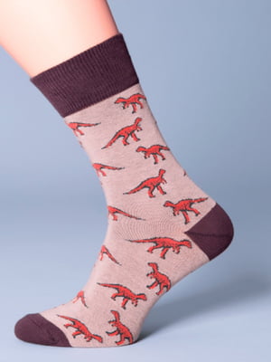 Бежевые носки с рисунком в виде динозаврики | 6867959