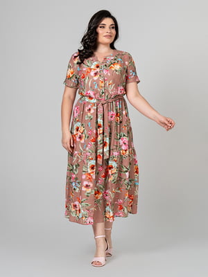 Сукня-міді кольору мокко з квітковим принтом та поясом | 6883790