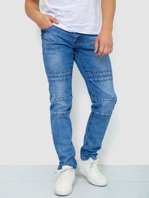 Прямые синие джинсы с потертостями | 6888247