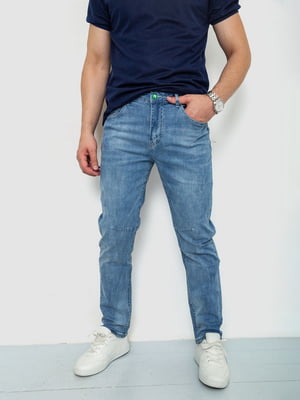Прямі блакитні джинси з потертостями | 6888254