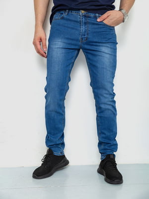 Прямые синие джинсы с потертостями | 6888257