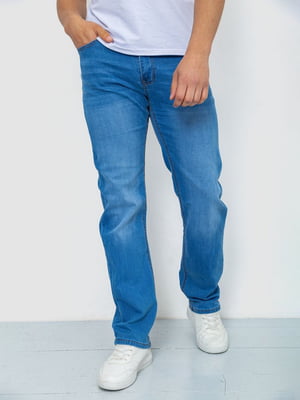 Прямые голубые джинсы с потертостями | 6888277