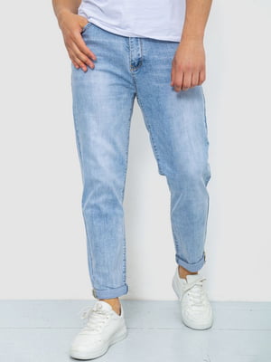 Прямые голубые джинсы с потертостями | 6888278