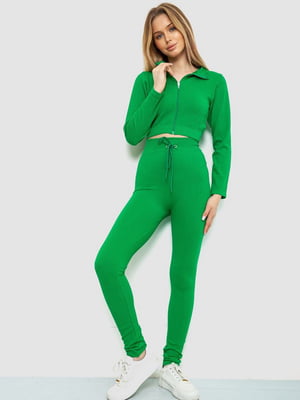 Зеленый костюм в рубчик с укороченной кофтой | 6888393