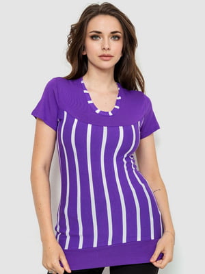 Удлиненная фиолетовая футболка в белую полоску | 6889152