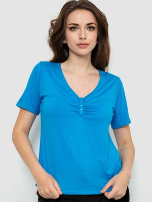 Синя футболка з драпіруванням на грудях | 6889217