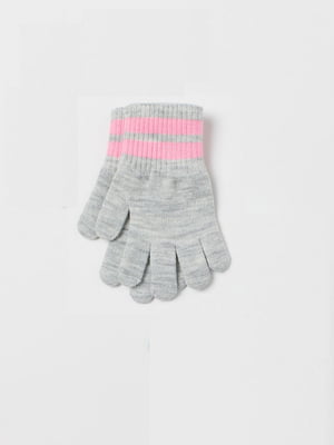 Серые перчатки из мягкой тонкой вязки с розовыми полосками на ребристых манжетах | 6735535