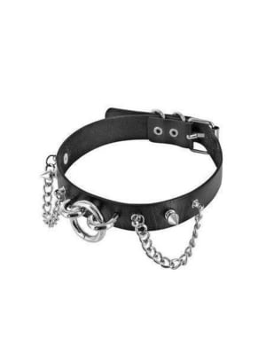 Нашийник з ланцюжками, шипами і кільцем  з екошкіри Fetish Tentation Choker Rings and Chains | 6667353