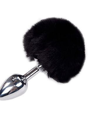 Металева анальна пробка Кролячий хвостик Fluffy Plug S Black (діаметр 2,8 см) | 6670424