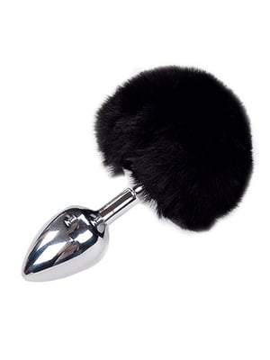 Металева анальна пробка Кролячий хвостик Fluffy Plug M Black (діаметр 3,4 см) | 6670427