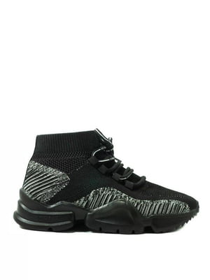 Високі текстильні чорно-білі кросівки на шнурівці | 6983126