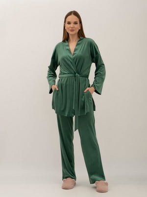 Велюровий костюм зелений: подовжений жакет та штани | 6987123